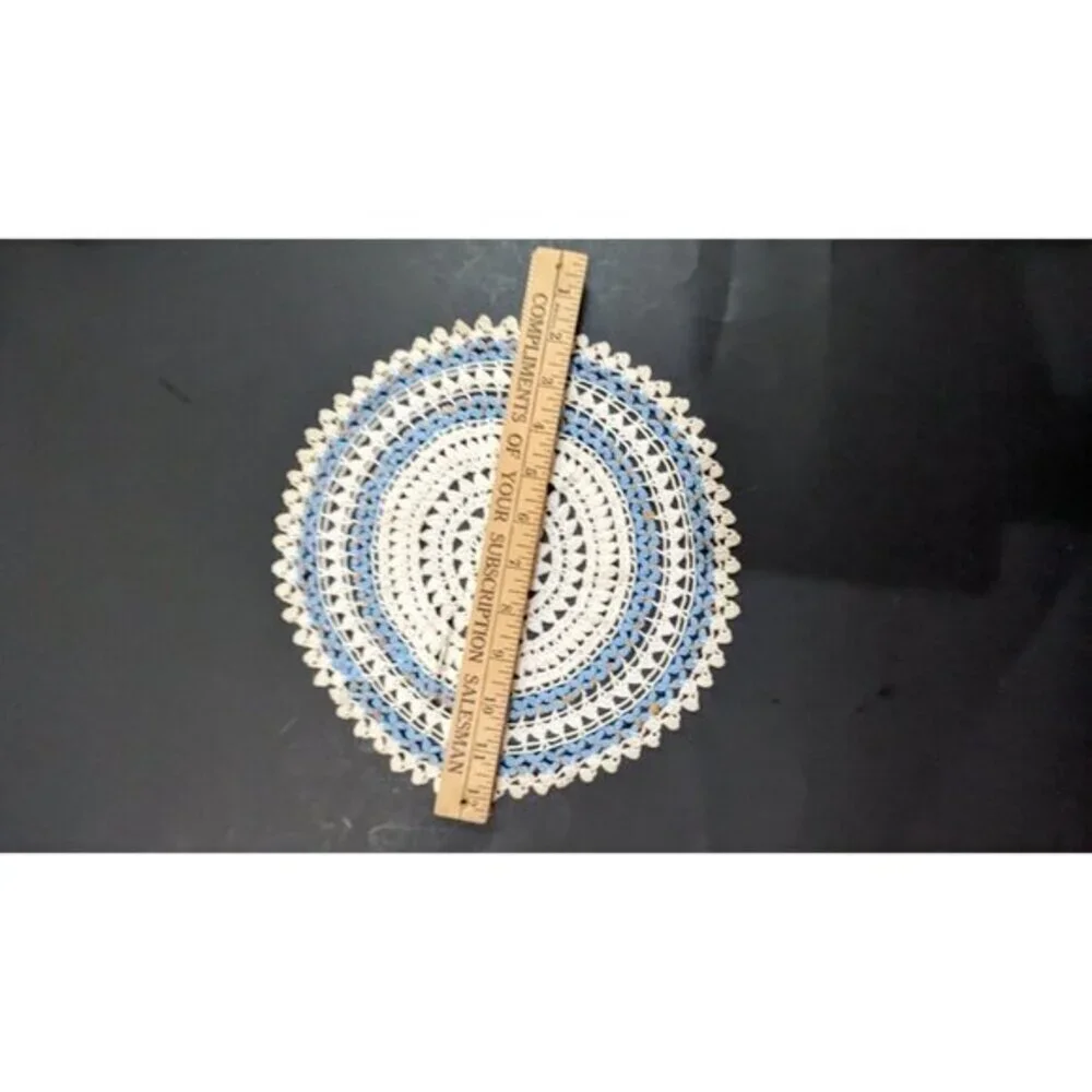 vintage crochet doily‎ blue circle cottage Farmhouse granny dresser Estate